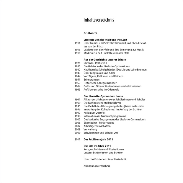 Inhaltsverzeichnis der Festschrift 2011 Inhaltsverzeichnis der Festschrift 2011